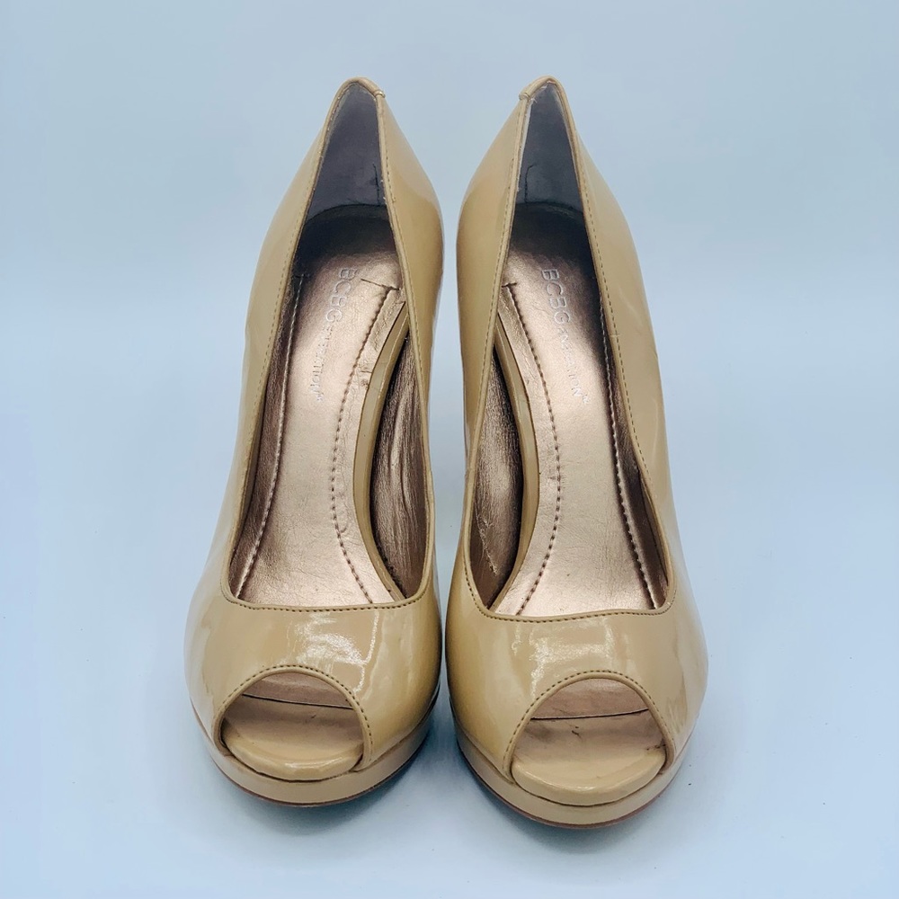 BCBG nude patent leather peep toe heels